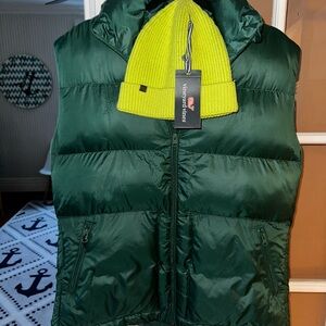New Vineyard Vines Hunter Green Puffer Vest Neon Beanie Mens Oversized SMALL